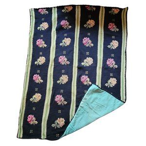 Vintage Blanket Throw Knitted Crochet with Black Green Floral Pattern JJ1025
